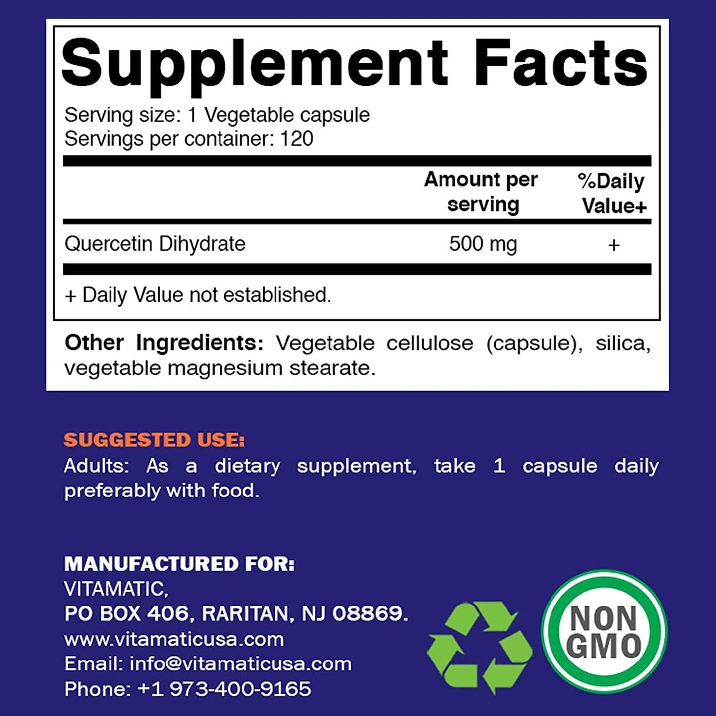 Vitamatic Quercetin 500 mg, 120 Vegetarian Capsules (Non-GMO, Gluten Free, Vegan) - Supports Cardiovascular Health, Helps Improve Anti-Inflammatory and Immune Response,