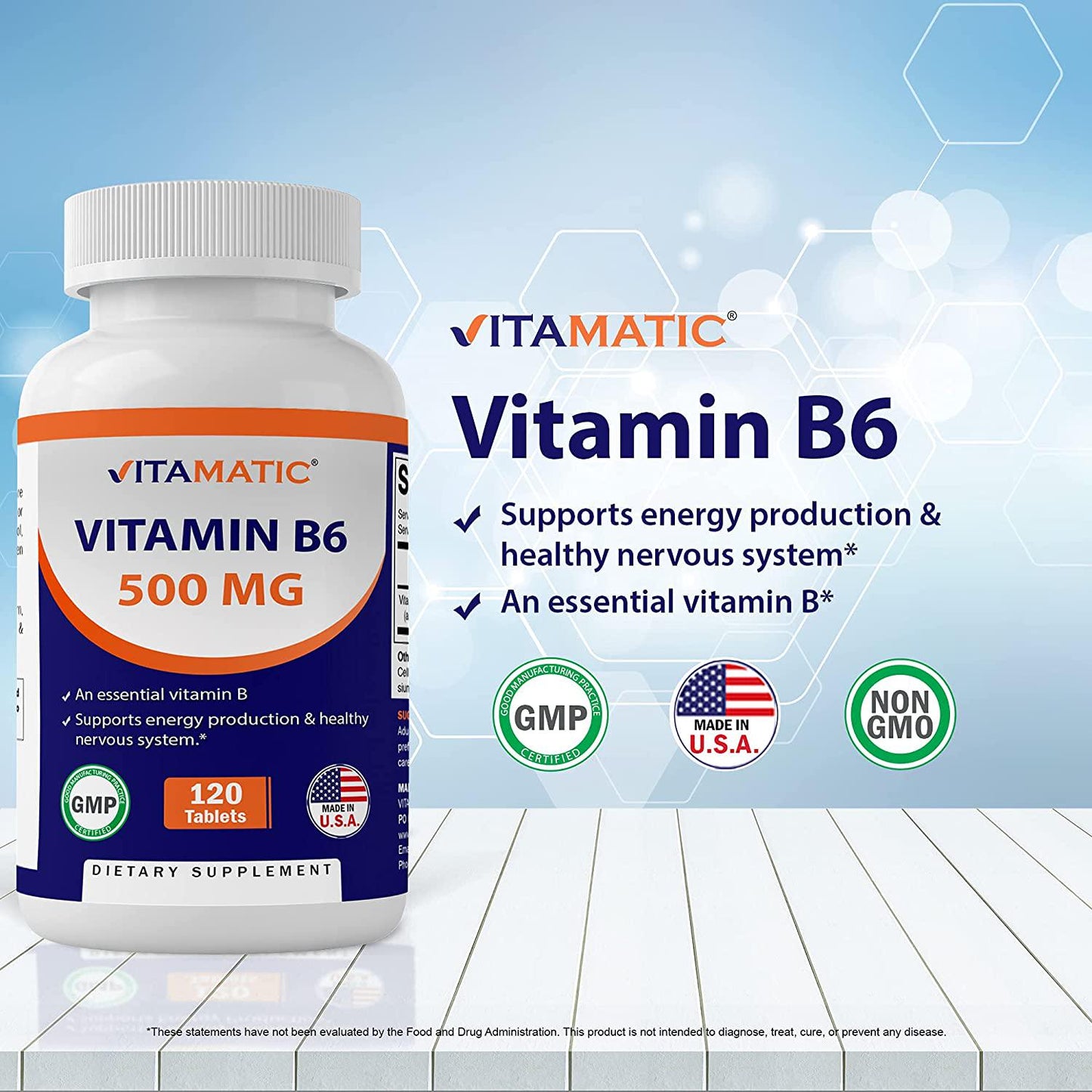 Vitamatic Vitamin B6 (Pyridoxine HCI), 500 mg 120 Vegetarian Tablets - Promotes Energy Production, boosts Metabolism and Immune Health Support