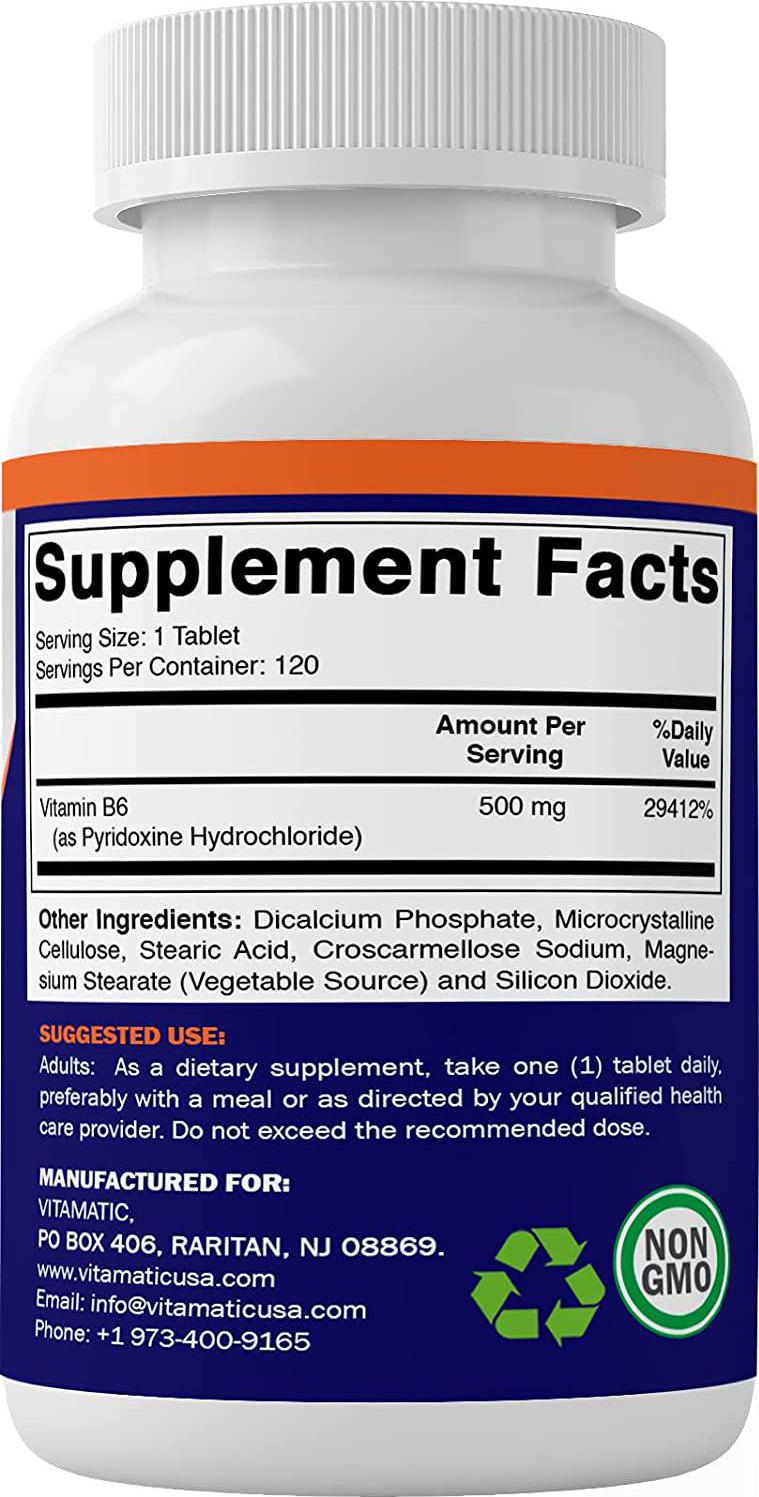 Vitamatic Vitamin B6 (Pyridoxine HCI), 500 mg 120 Vegetarian Tablets - Promotes Energy Production, boosts Metabolism and Immune Health Support