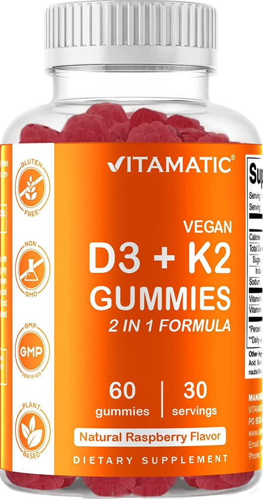 Vitamatic Vitamin D3 K2 Gummies - 60 Count - Supports Healthy Bone, Heart and Calcium Absorption, and Immune Health - Plant Based, Non-GMO, Gluten Free