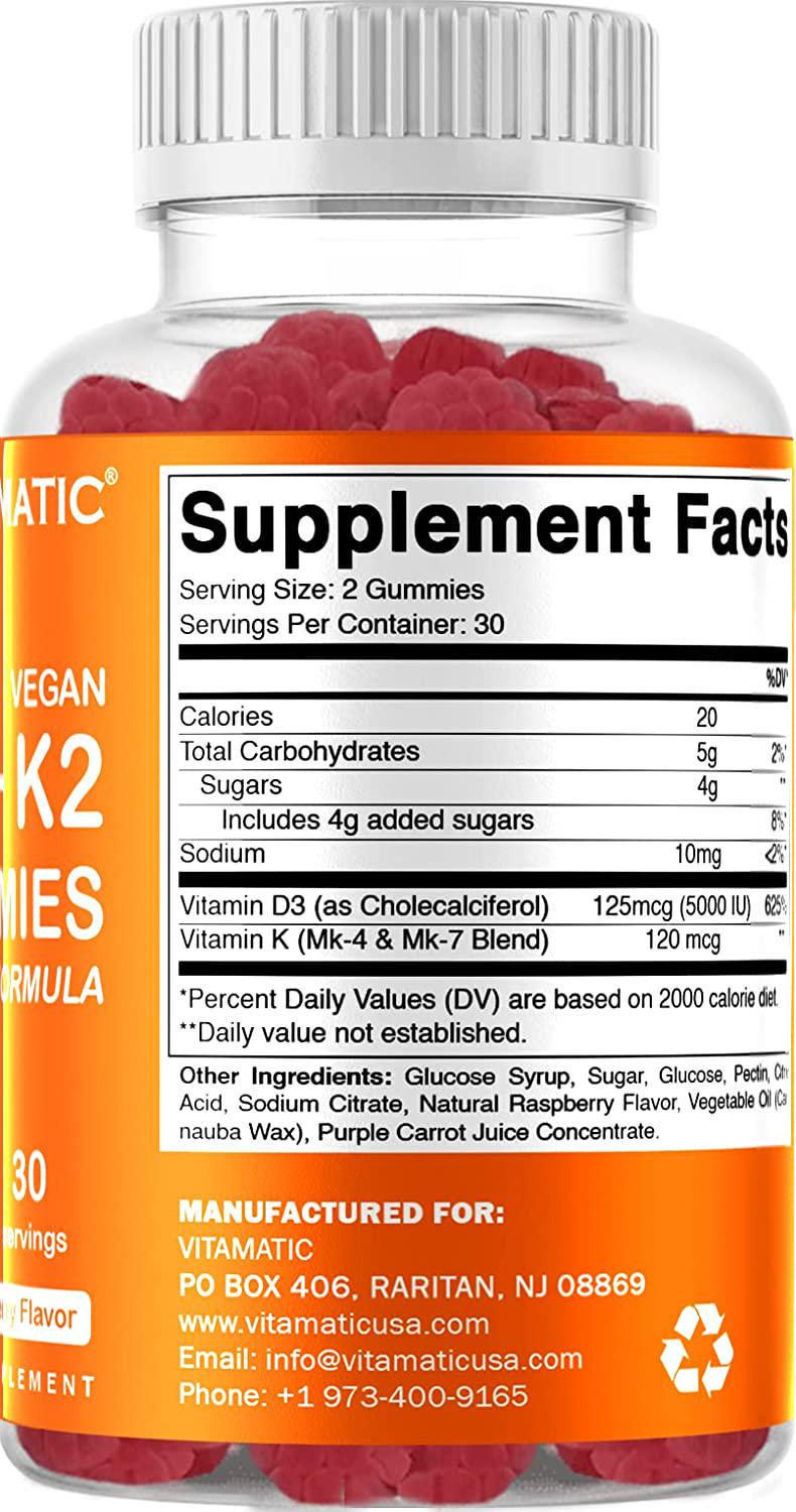 Vitamatic Vitamin D3 K2 Gummies - 60 Count - Supports Healthy Bone, Heart and Calcium Absorption, and Immune Health - Plant Based, Non-GMO, Gluten Free