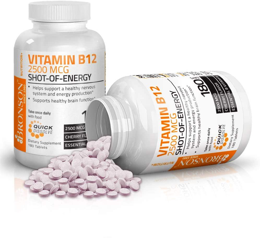 Vitamin B12 2500mcg Shot Of Energy Fast Dissolve Chewable Tablets - Quick Release Cherry Flavored Sublingual B12 Vitamin - Supports Nervous System, Healthy Brain Function Energy Production 180 Count