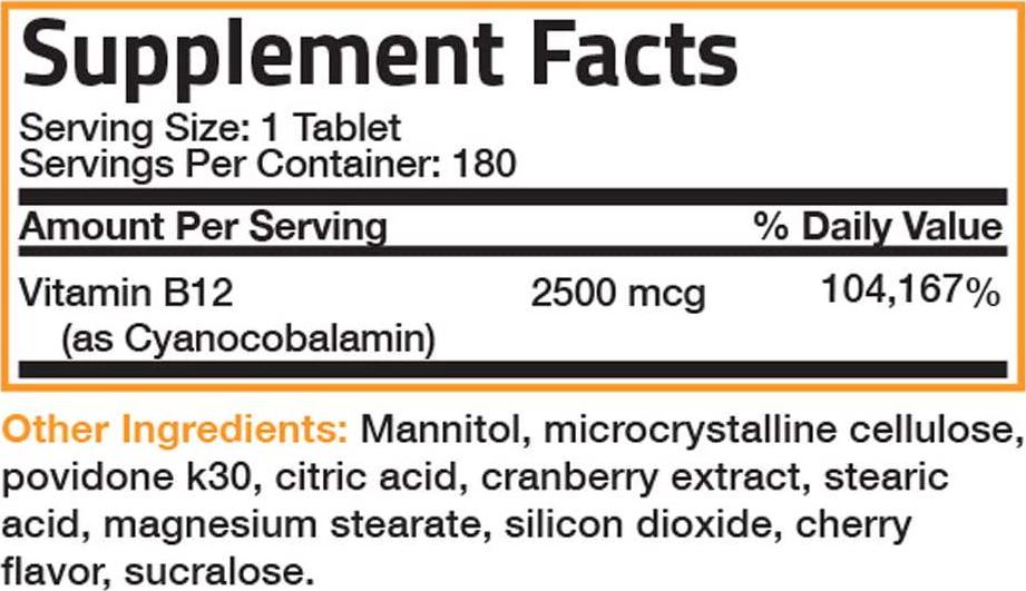 Vitamin B12 2500mcg Shot Of Energy Fast Dissolve Chewable Tablets - Quick Release Cherry Flavored Sublingual B12 Vitamin - Supports Nervous System, Healthy Brain Function Energy Production 180 Count