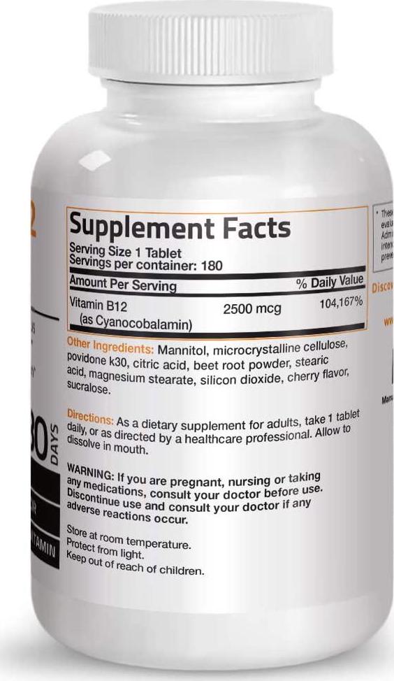 Vitamin B12 2500mcg Shot Of Energy Fast Dissolve Chewable Tablets - Quick Release Cherry Flavored Sublingual B12 Vitamin - Supports Nervous System, Healthy Brain Function Energy Production 180 Count
