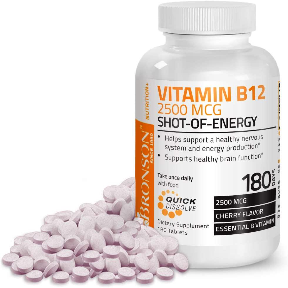 Vitamin B12 2500mcg Shot Of Energy Fast Dissolve Chewable Tablets - Quick Release Cherry Flavored Sublingual B12 Vitamin - Supports Nervous System, Healthy Brain Function Energy Production 180 Count