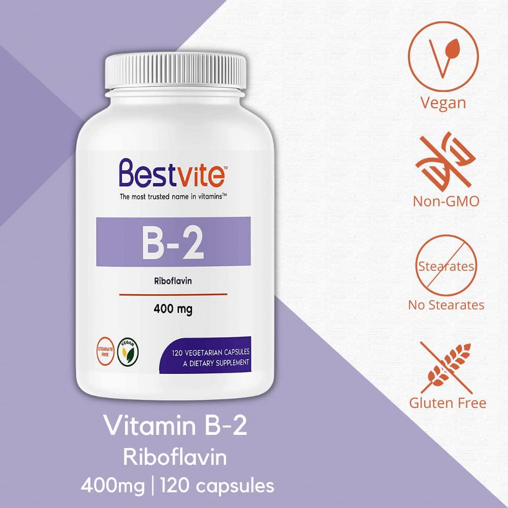 Vitamin B-2 (Riboflavin) 400mg (120 Vegetarian Capsules) - No Stearates - Vegan - Non GMO - Gluten Free