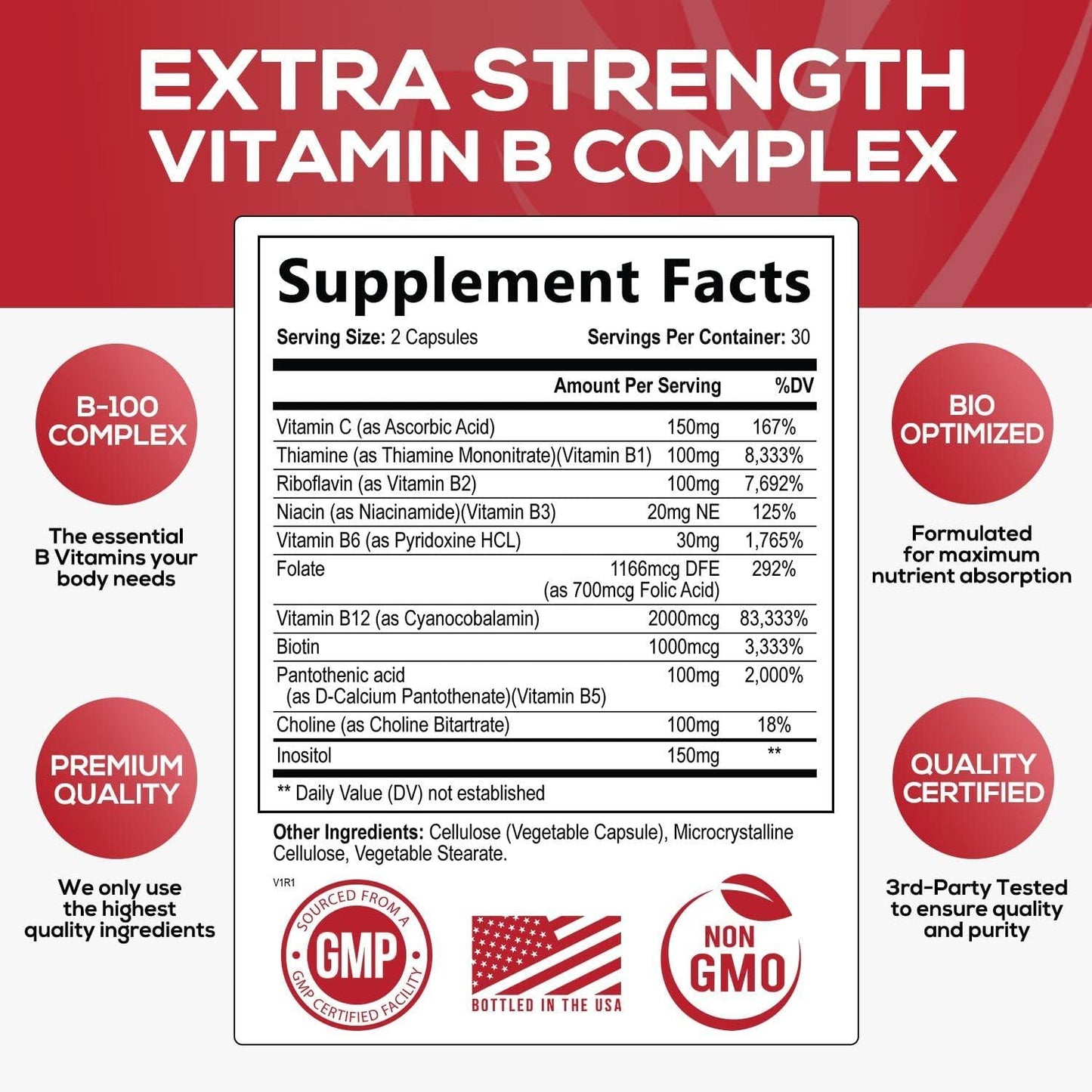 Vitamin B Complex - All B Vitamins Including B12, B1, B2, B3, B5, B6, B7, B9, Folic Acid - Natural Energy Support - High Absorption Vitamin B Supplement - 60 Capsules