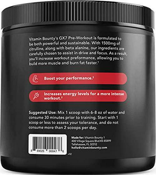 Vitamin Bounty Gx7 Sugar Free Pre Workout Powder, Keto, Energy Supplement with Beta-Alanine, Caffeine, Preworkout for Women and Men, 0g Net Carbs, Non-GMO, Watermelon Flavor, 30 Servings