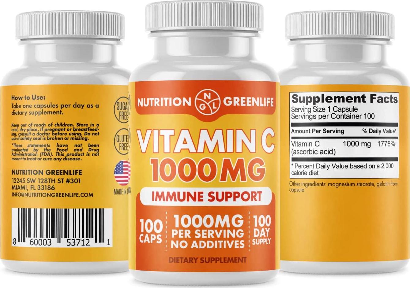 Vitamin C 1000 mg - Pure Immune System Support Antioxidant Protection Highest Concentration 100 Capsules