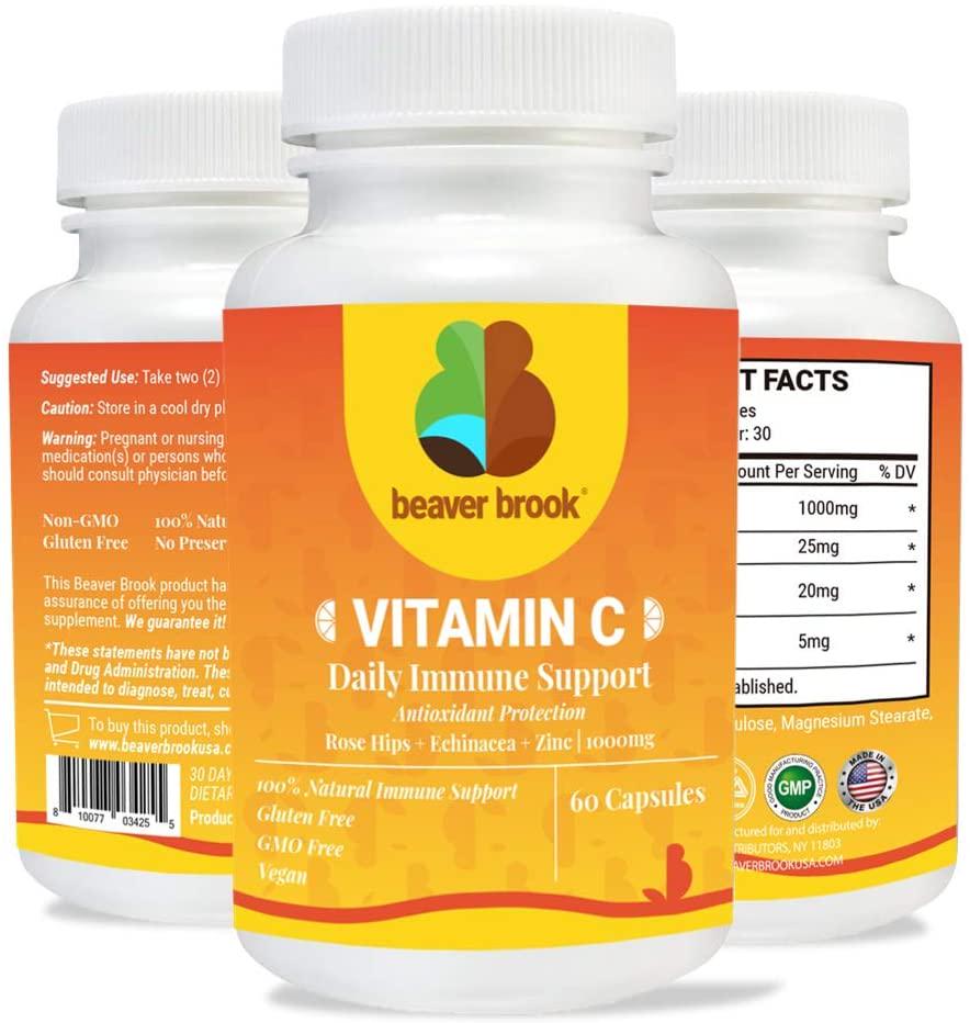 Vitamin C 1000mg with Rose Hips, Zinc and Echinacea Maintains Healthy Immune System, Supports Antioxidant Protection, Non-GMO, Gluten Free, Vegan - 60 Capsules