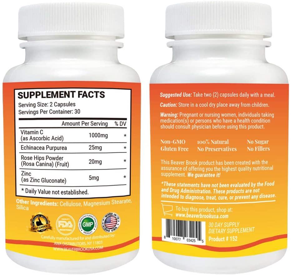 Vitamin C 1000mg with Rose Hips, Zinc and Echinacea Maintains Healthy Immune System, Supports Antioxidant Protection, Non-GMO, Gluten Free, Vegan - 60 Capsules