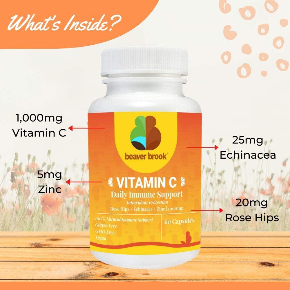 Vitamin C 1000mg with Rose Hips, Zinc and Echinacea Maintains Healthy Immune System, Supports Antioxidant Protection, Non-GMO, Gluten Free, Vegan - 60 Capsules