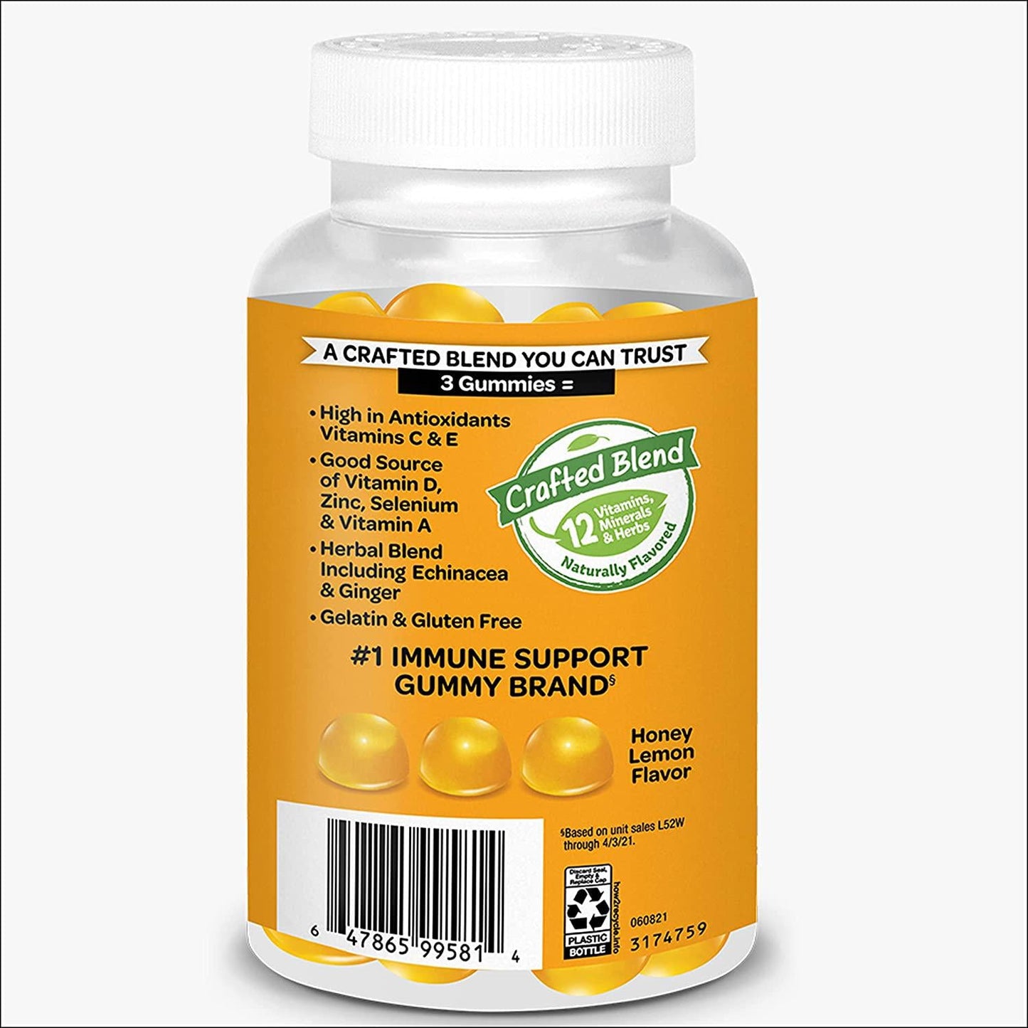 Vitamin C 200mg (per Serving) Airborne Honey Lemon Gummies (120 Count in a Bottle), Gluten Free Immune Support Supplement with Vitamins A C D E, Zinc, Selenium, Echinacea, Ginger, Antioxidants