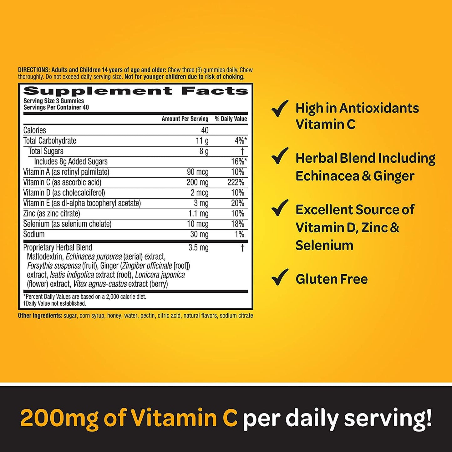 Vitamin C 200mg (per Serving) Airborne Honey Lemon Gummies (120 Count in a Bottle), Gluten Free Immune Support Supplement with Vitamins A C D E, Zinc, Selenium, Echinacea, Ginger, Antioxidants