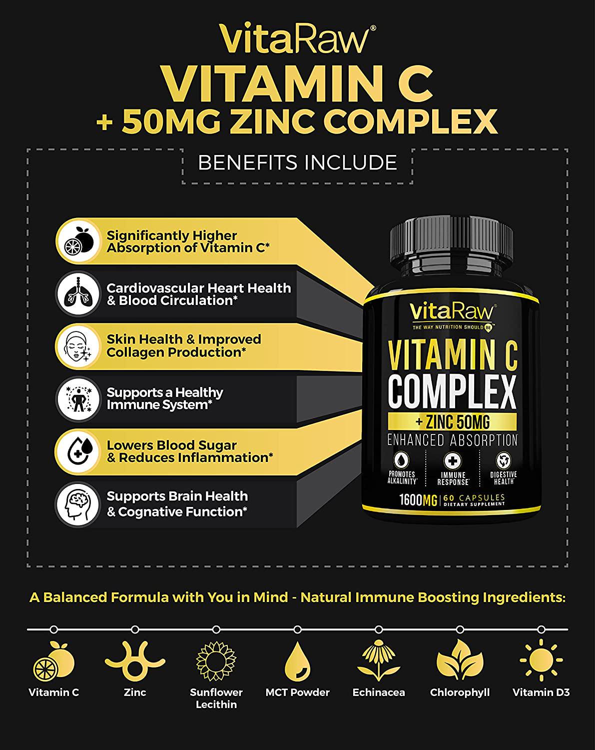 Vitamin C Supplement [2 Pack] 1600mg with Zinc 50mg |Highest Absorption| Vitamin C Immune Support Complex - Vitamin C Capsules and Zinc Vitamins for Adults | VIT C Immune Booster