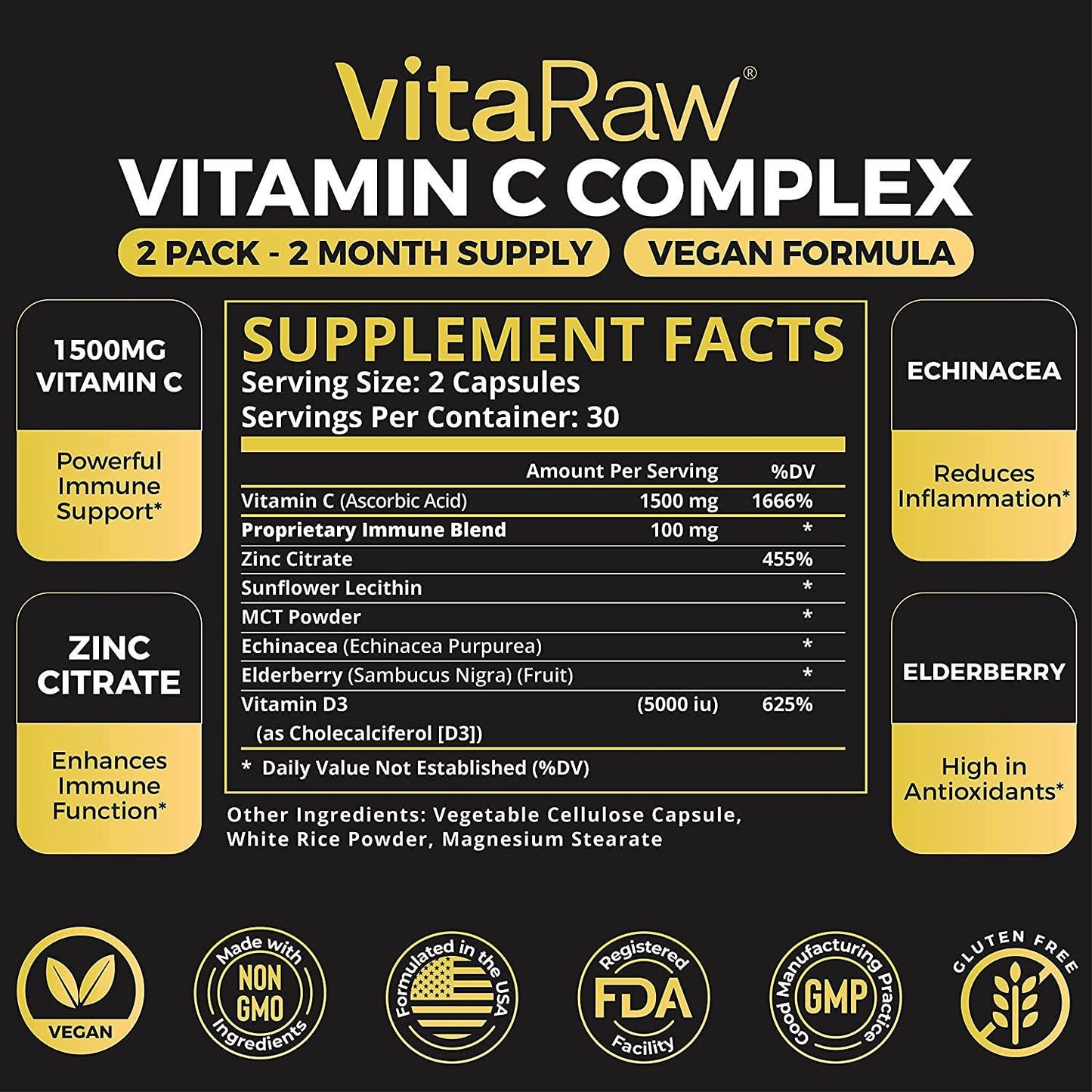 Vitamin C Supplement [2 Pack] 1600mg with Zinc 50mg |Highest Absorption| Vitamin C Immune Support Complex - Vitamin C Capsules and Zinc Vitamins for Adults | VIT C Immune Booster
