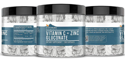 Vitamin C + Zinc Gluconate Supplement (200 Capsules) Immune Support, Non-GMO, Gluten Free, (640 mg/Serving)