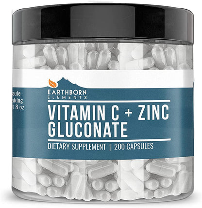 Vitamin C + Zinc Gluconate Supplement (200 Capsules) Immune Support, Non-GMO, Gluten Free, (640 mg/Serving)