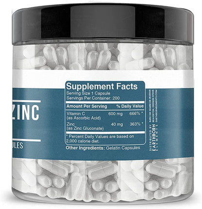 Vitamin C + Zinc Gluconate Supplement (200 Capsules) Immune Support, Non-GMO, Gluten Free, (640 mg/Serving)