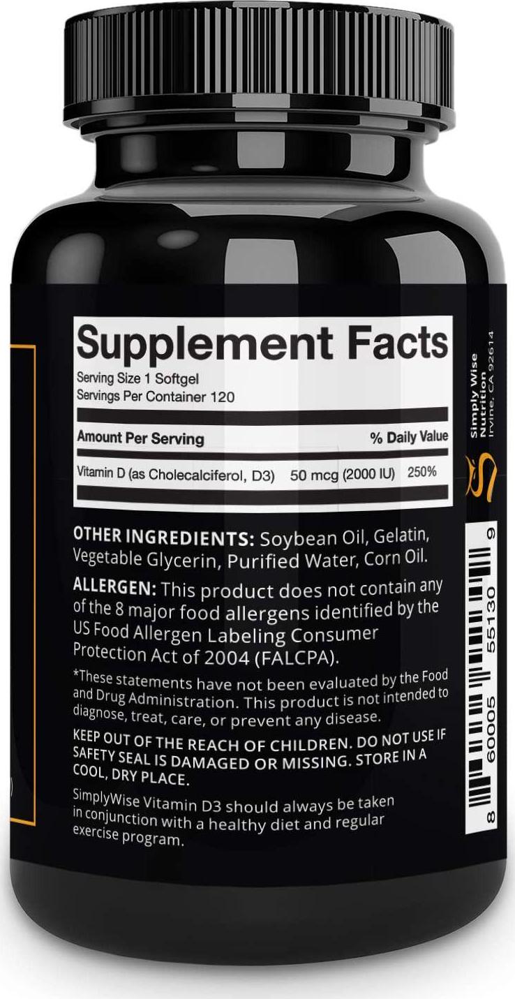 Vitamin D3 2000 IU (50 mcg), 120 Softgels, 4 Month Supply, Helps Support Immune Health, Strong Bone, and Muscle Function