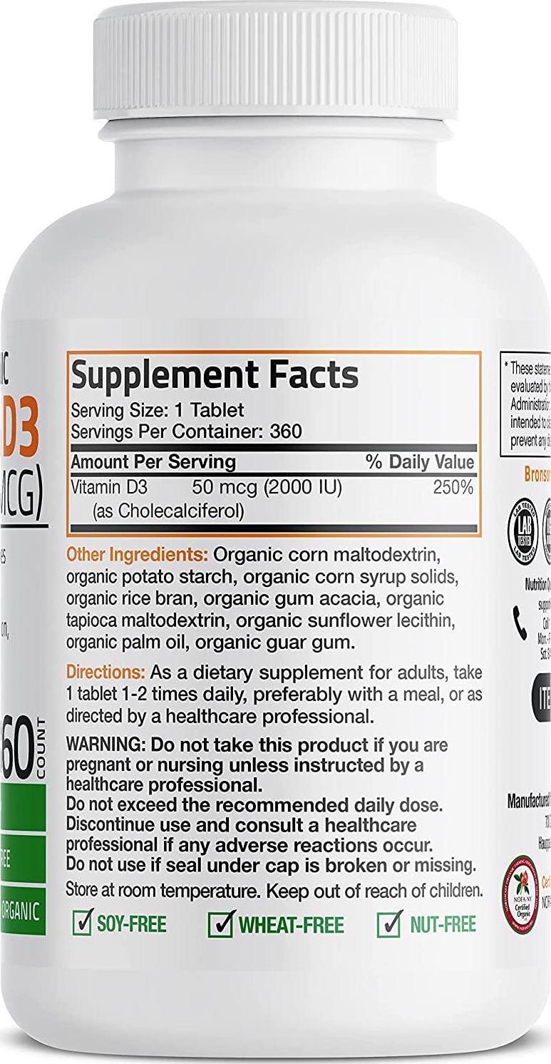 Vitamin D3 2000 IU for Healthy Muscle Function, Bone Health and Immune Support, Organic Vitamin D Supplement, Non-GMO Formula, 360 Tablets