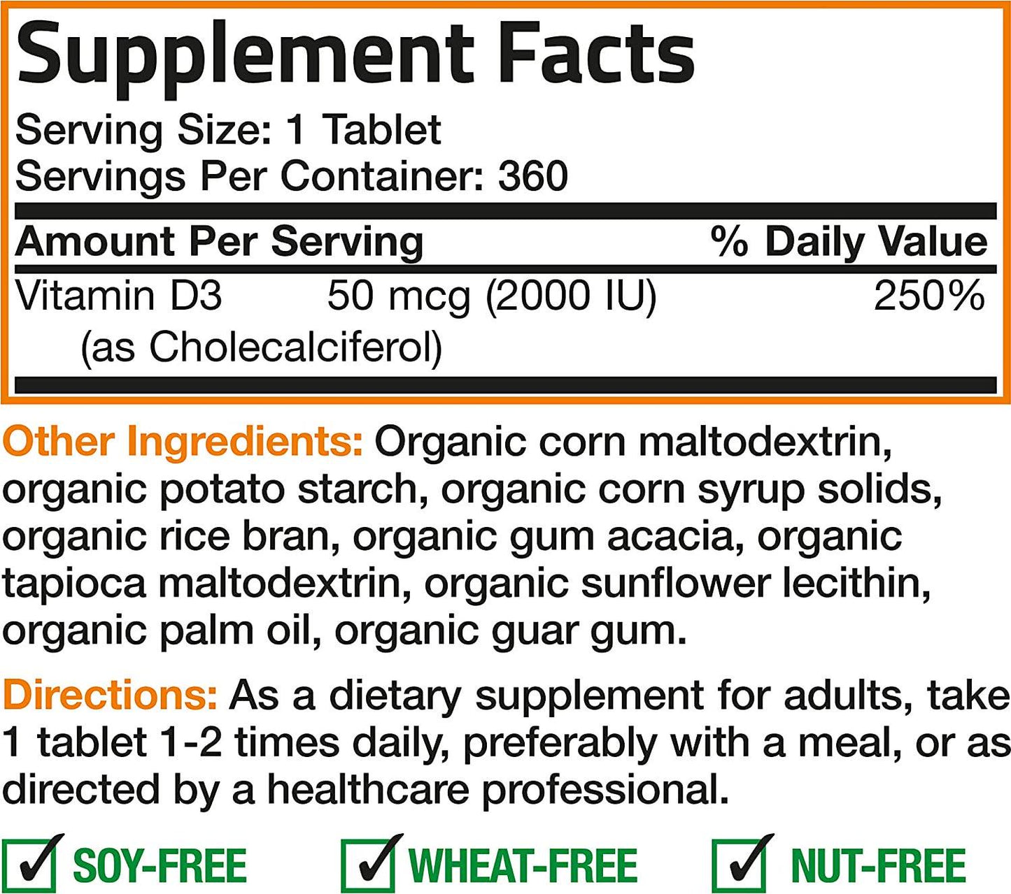 Vitamin D3 2000 IU for Healthy Muscle Function, Bone Health and Immune Support, Organic Vitamin D Supplement, Non-GMO Formula, 360 Tablets