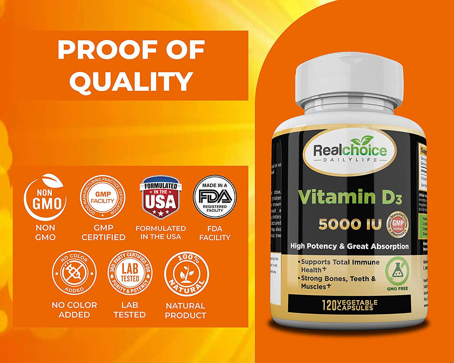 Vitamin D3 5000 IU (125 mcg), 120 Vegetable Capsules, High Potency Vitamin D Helps Support Immune Health, Strong Bones and Teeth, and Muscle Function