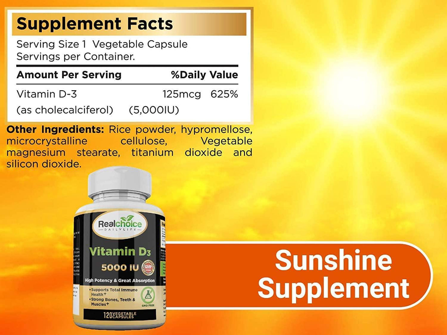 Vitamin D3 5000 IU (125 mcg), 120 Vegetable Capsules, High Potency Vitamin D Helps Support Immune Health, Strong Bones and Teeth, and Muscle Function