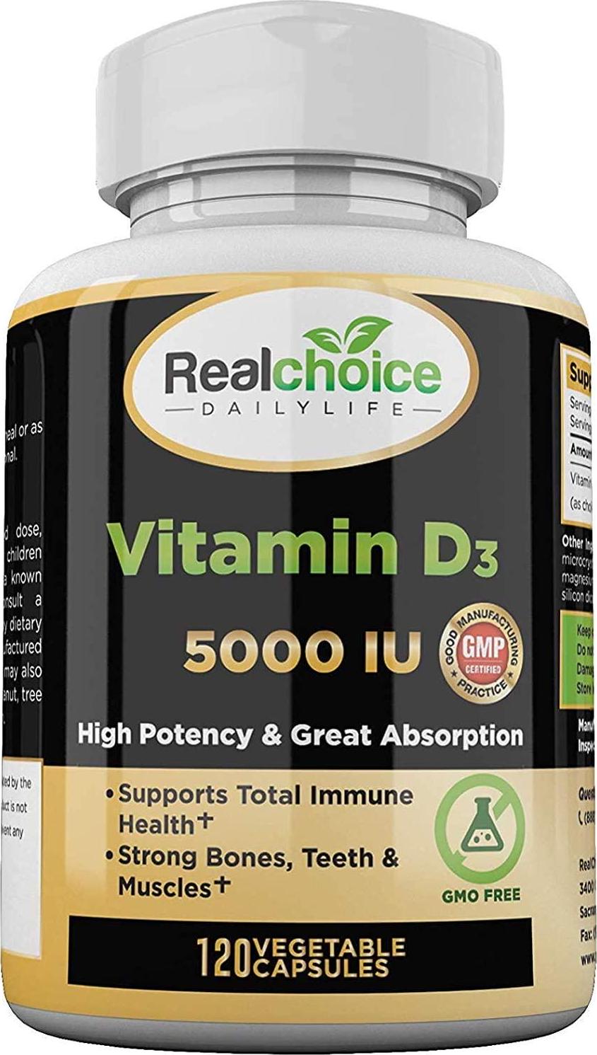 Vitamin D3 5000 IU (125 mcg), 120 Vegetable Capsules, High Potency Vitamin D Helps Support Immune Health, Strong Bones and Teeth, and Muscle Function