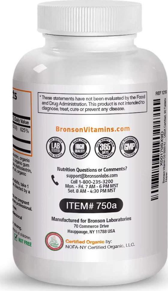 Vitamin D3 5000 IU Certified Organic Vitamin D Supplement, Non-GMO, USDA Certified, 90 Tablets