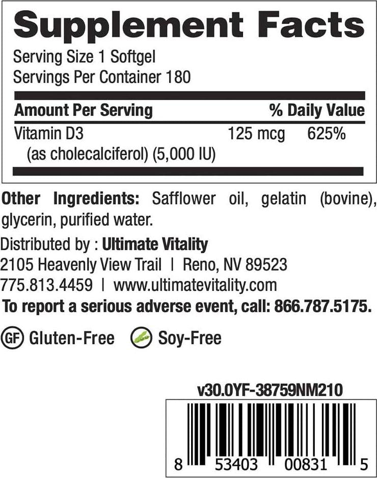Vitamin D3 5000 as Cholecalciferol 5,000 IU (125 mcg) - 180 Softgels