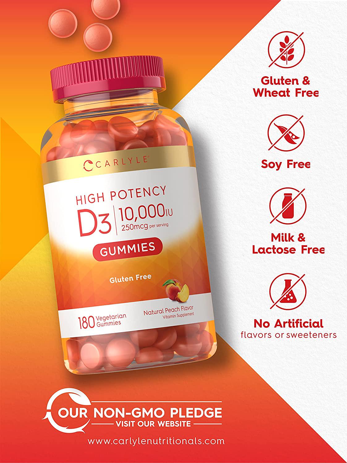 Vitamin D3 Gummies | 10,000IU | 180 Count | Vegetarian, Non-GMO, and Gluten Free Formula | High Potency Vitamin D Supplement | Natural Peach Flavored Gummies | by Carlyle