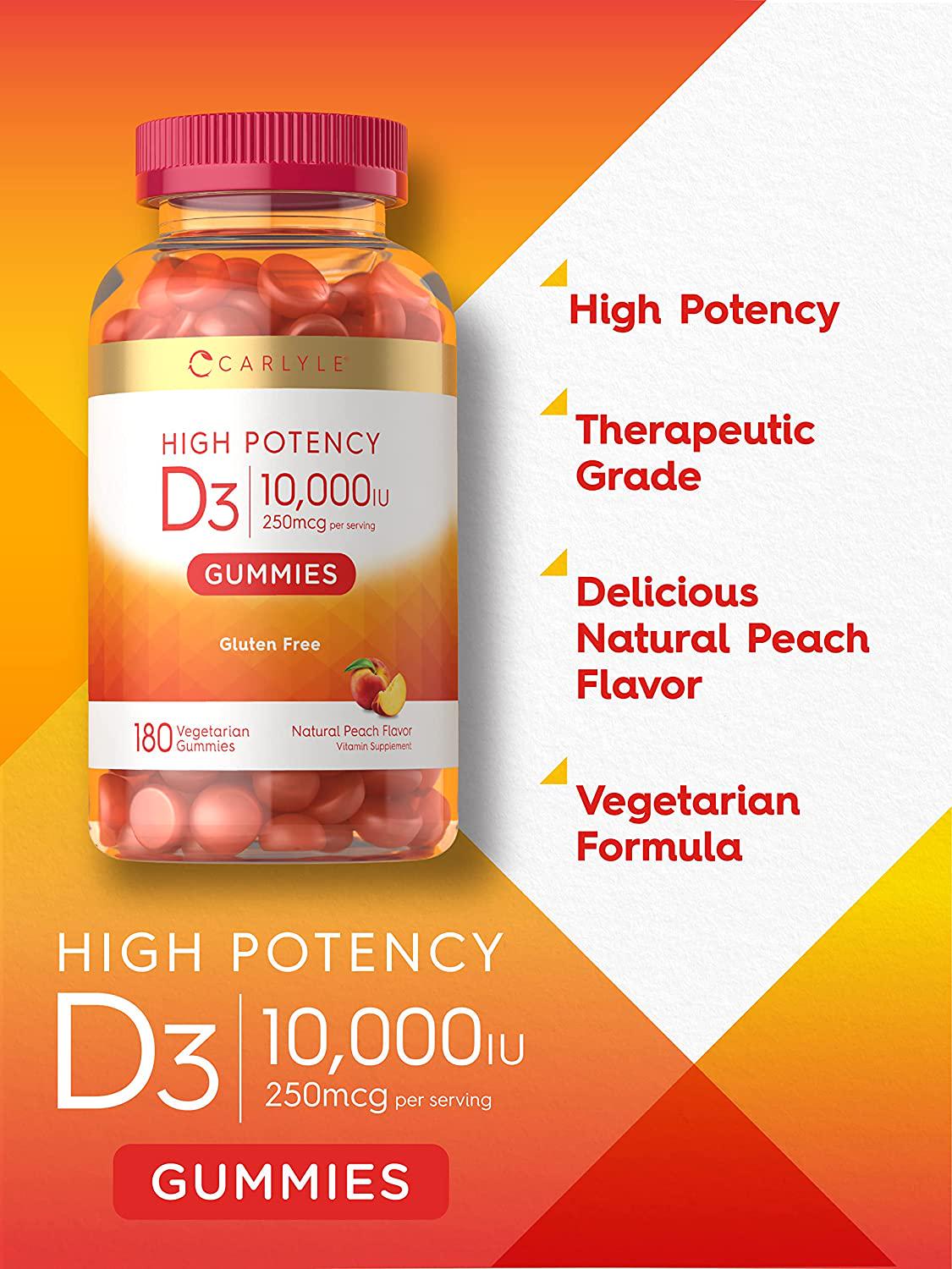 Vitamin D3 Gummies | 10,000IU | 180 Count | Vegetarian, Non-GMO, and Gluten Free Formula | High Potency Vitamin D Supplement | Natural Peach Flavored Gummies | by Carlyle