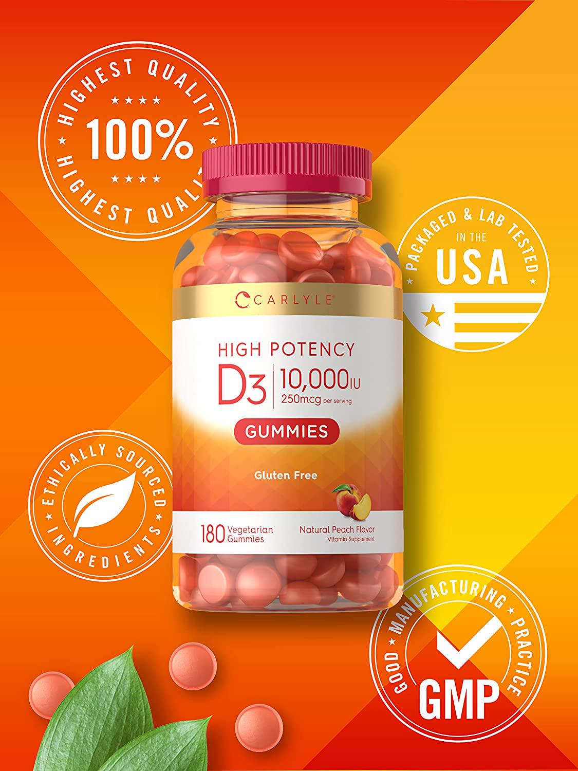 Vitamin D3 Gummies | 10,000IU | 180 Count | Vegetarian, Non-GMO, and Gluten Free Formula | High Potency Vitamin D Supplement | Natural Peach Flavored Gummies | by Carlyle
