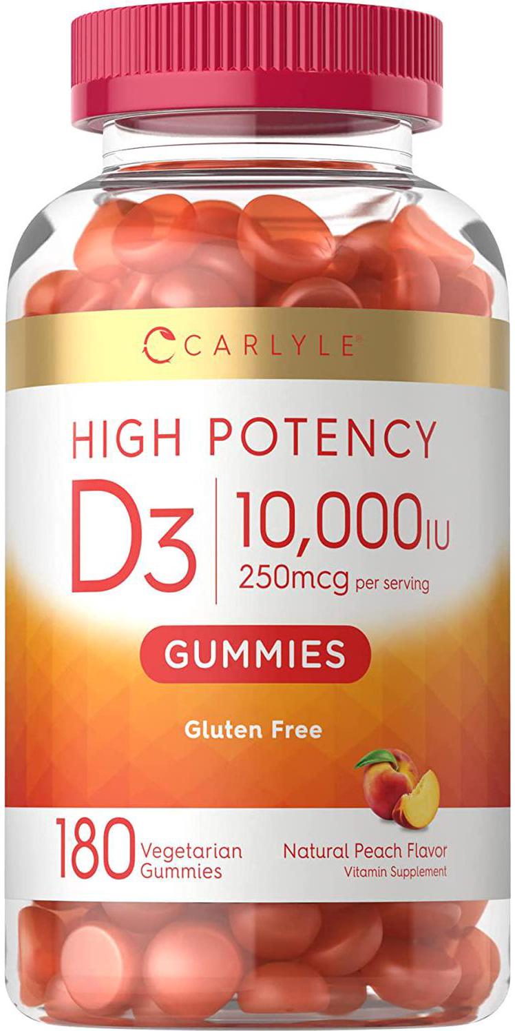 Vitamin D3 Gummies | 10,000IU | 180 Count | Vegetarian, Non-GMO, and Gluten Free Formula | High Potency Vitamin D Supplement | Natural Peach Flavored Gummies | by Carlyle