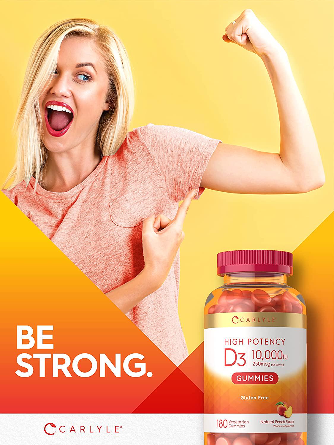 Vitamin D3 Gummies | 10,000IU | 180 Count | Vegetarian, Non-GMO, and Gluten Free Formula | High Potency Vitamin D Supplement | Natural Peach Flavored Gummies | by Carlyle