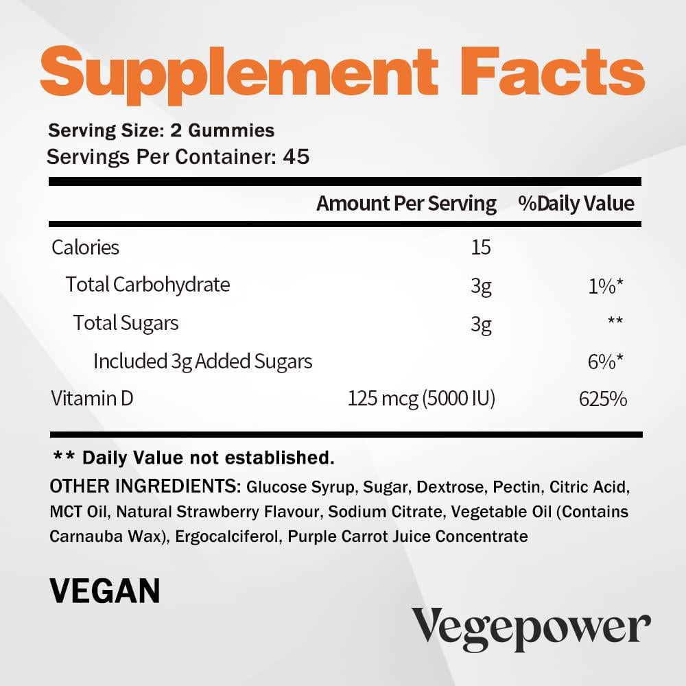 Vitamin D3 Gummies Immune Support - VEGEPOWER 5000 IU (125mcg) Bone Health Vegan Non-GMO Gluten Free Supplement for Adults and Kids 90Count