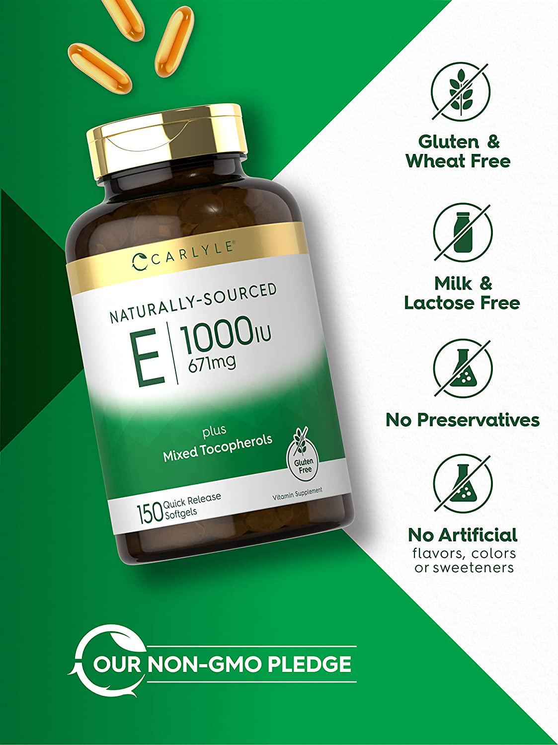 Vitamin E Plus Mixed Tocopherols | 1000 IU (671mg) | 150 Softgels | Non-GMO and Gluten Free Formula | Naturally Sourced Vitamin E Supplement | by Carlyle
