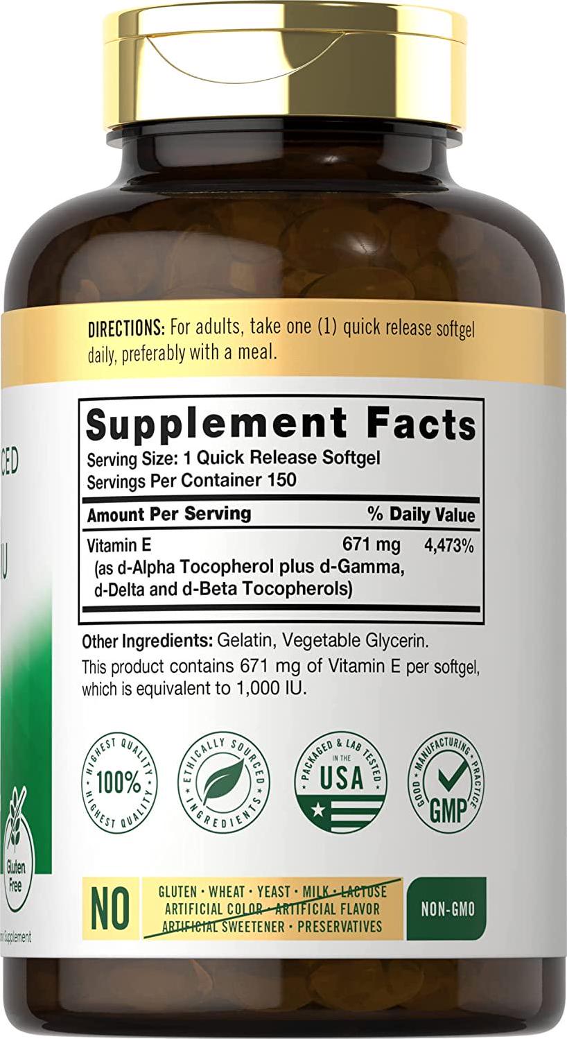 Vitamin E Plus Mixed Tocopherols | 1000 IU (671mg) | 150 Softgels | Non-GMO and Gluten Free Formula | Naturally Sourced Vitamin E Supplement | by Carlyle
