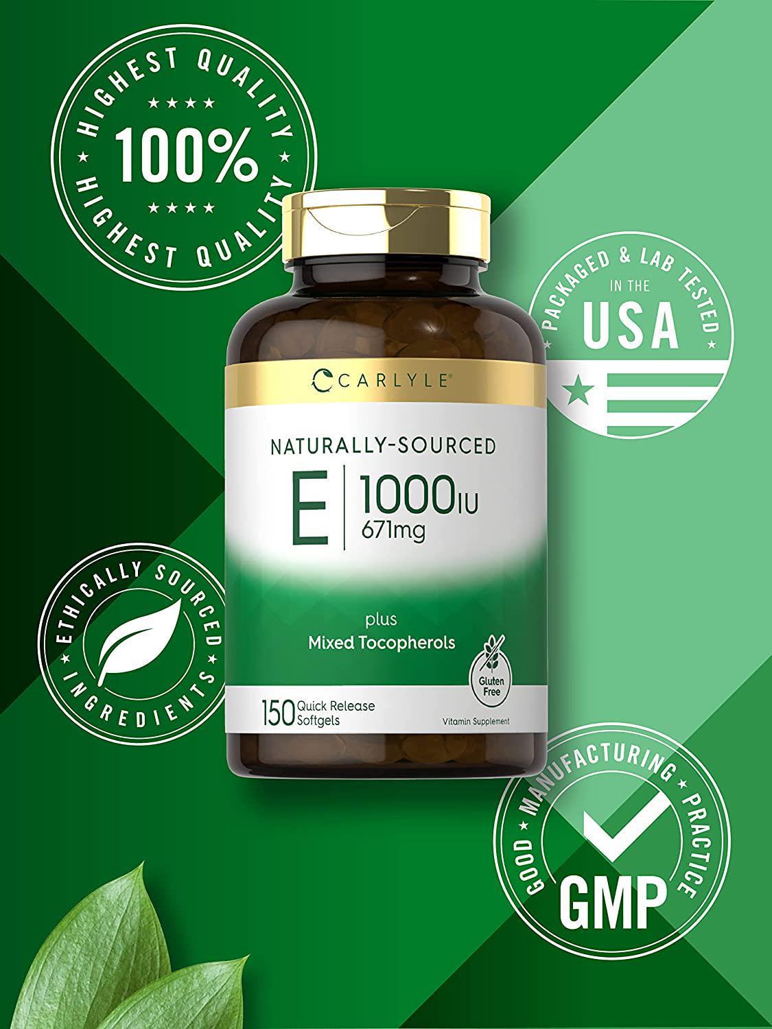 Vitamin E Plus Mixed Tocopherols | 1000 IU (671mg) | 150 Softgels | Non-GMO and Gluten Free Formula | Naturally Sourced Vitamin E Supplement | by Carlyle