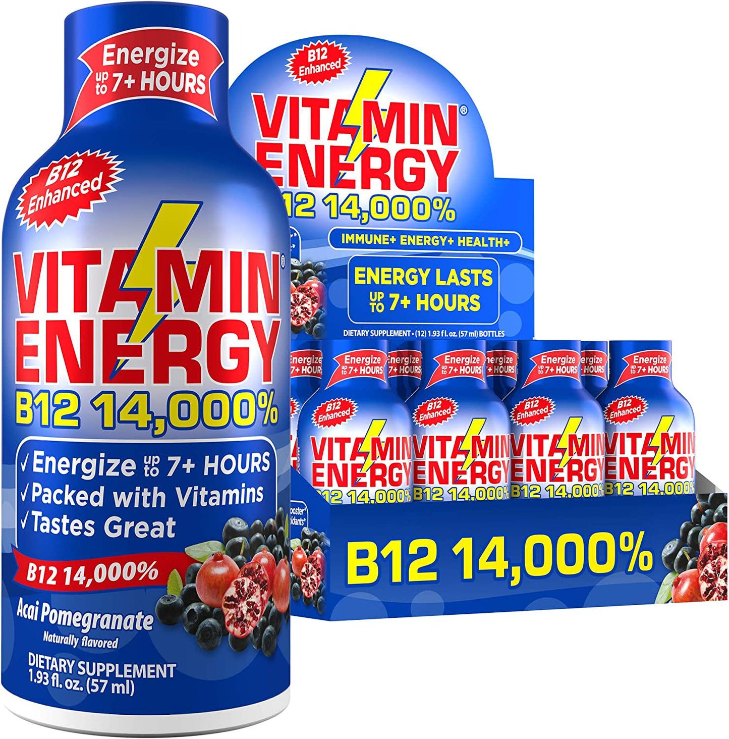 Vitamin Energy B12 Energy Drink Shots, Acai Pomegranate Flavor, Up to 7+ Hours of Energy, 1.93 Fl Oz, 12 Count