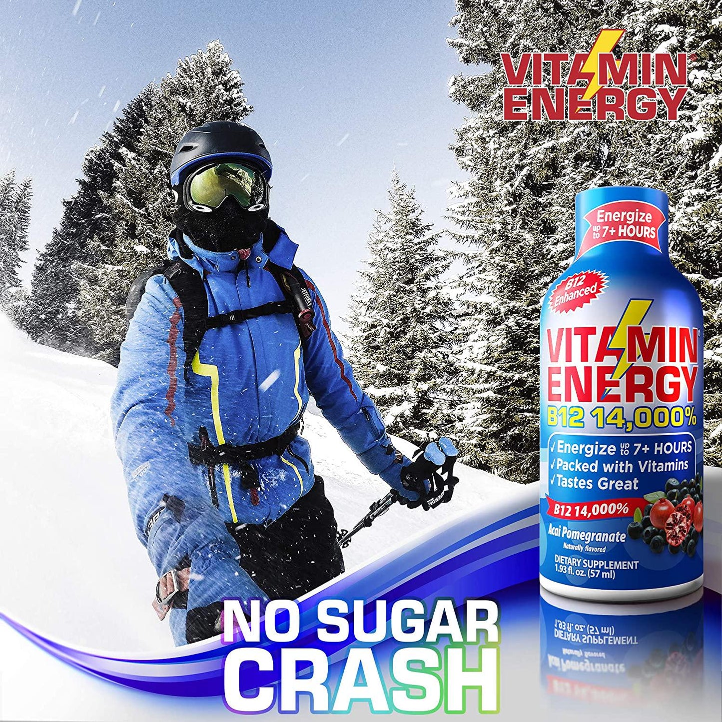 Vitamin Energy B12 Energy Drink Shots, Acai Pomegranate Flavor, Up to 7+ Hours of Energy, 1.93 Fl Oz, 48 Count