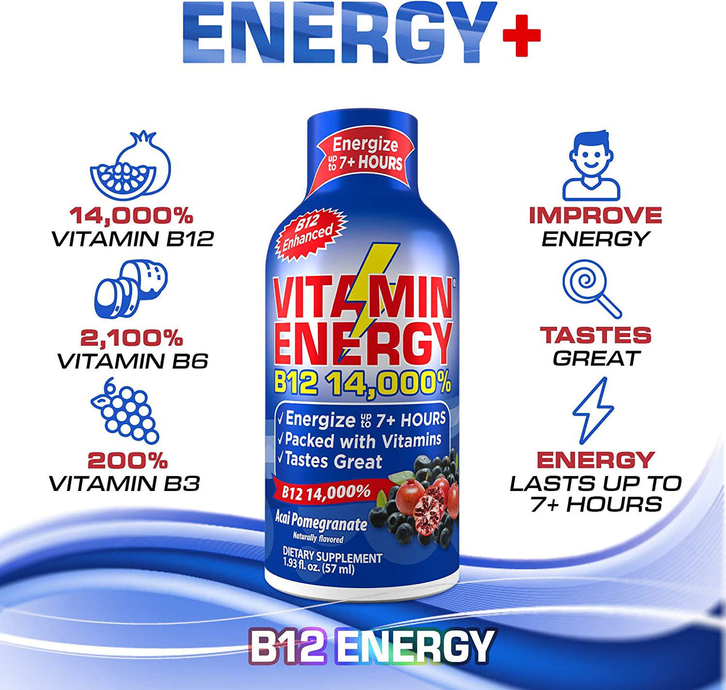 Vitamin Energy B12 Energy Drink Shots, Acai Pomegranate Flavor, Up to 7+ Hours of Energy, 1.93 Fl Oz, 48 Count