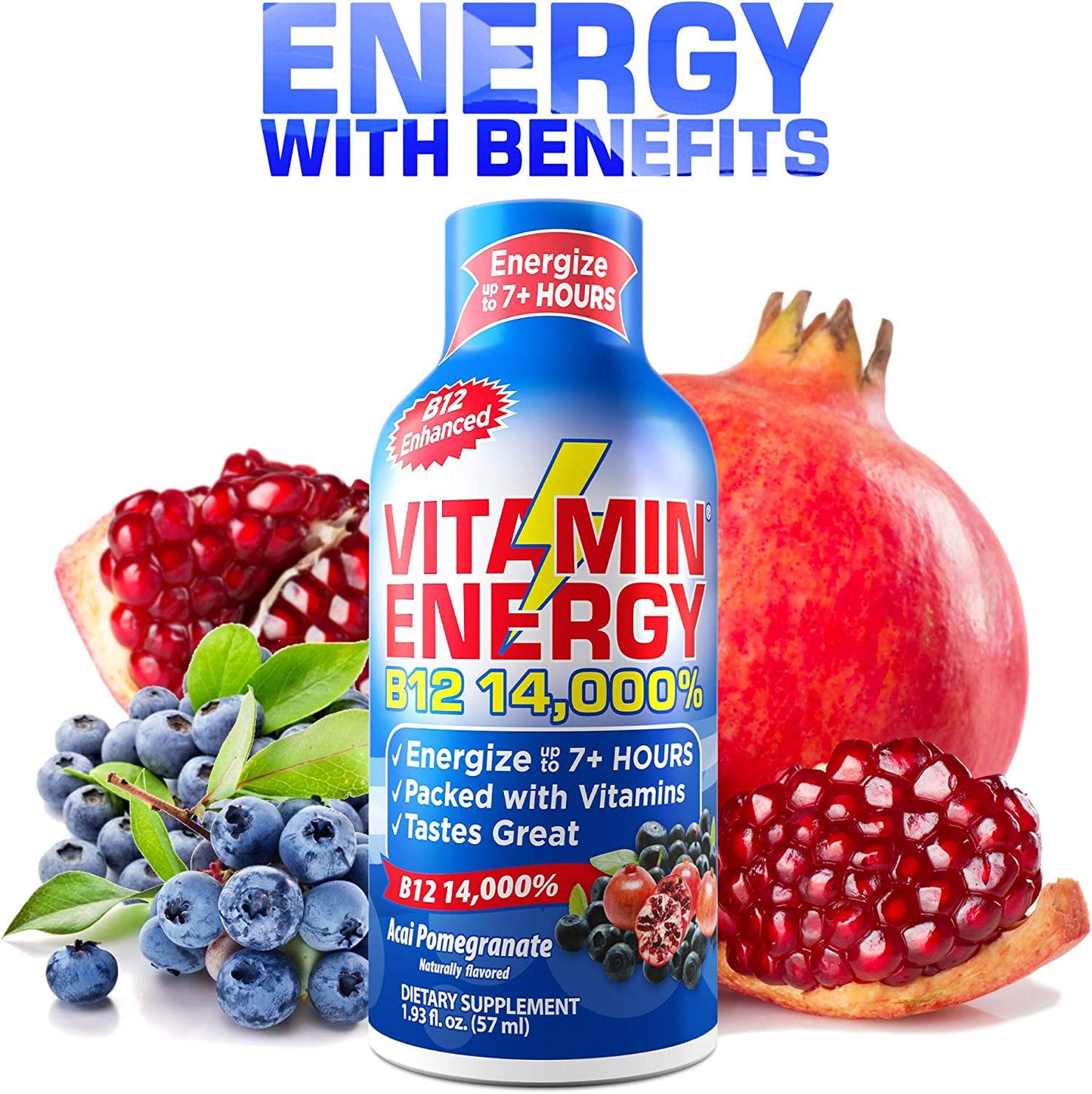 Vitamin Energy B12 Energy Drink Shots, Acai Pomegranate Flavor, Up to 7+ Hours of Energy, 1.93 Fl Oz, 48 Count