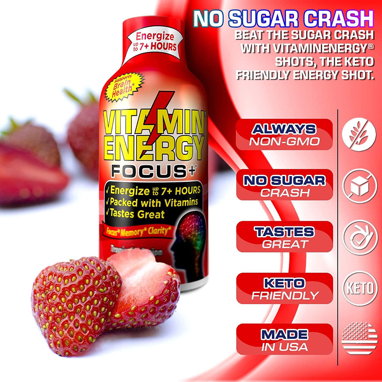 Vitamin Energy Focus+ Energy Drink Shot, Up to 7+ Hours of Energy, 1.93 Fl Oz, 12 Count