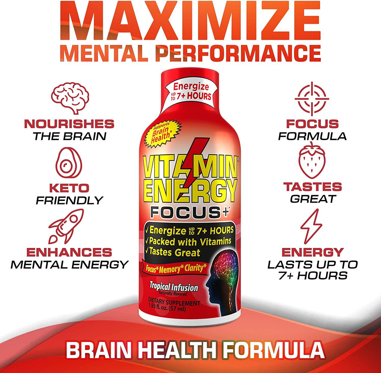 Vitamin Energy Focus+ Energy Drink Shot, Up to 7+ Hours of Energy, 1.93 Fl Oz, 12 Count