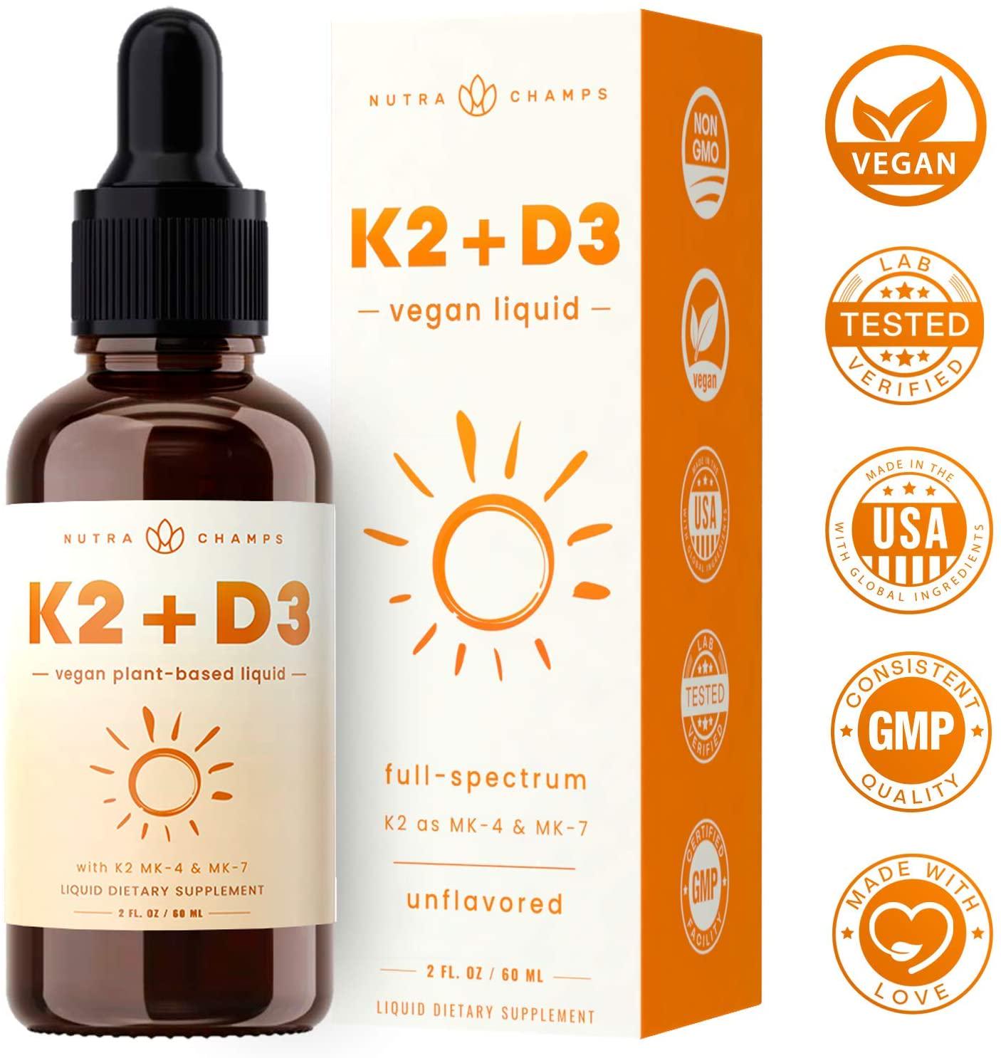 Vitamin K2 D3 Supplement Drops - Healthy Bones, Heart, Mood and Immune System - Premium Vegan D3 5000 IU and K2 MK7 and MK4 100 mcg - 2 oz. Organic Liquid for Better Absorption than Capsules, Pills or Gummies