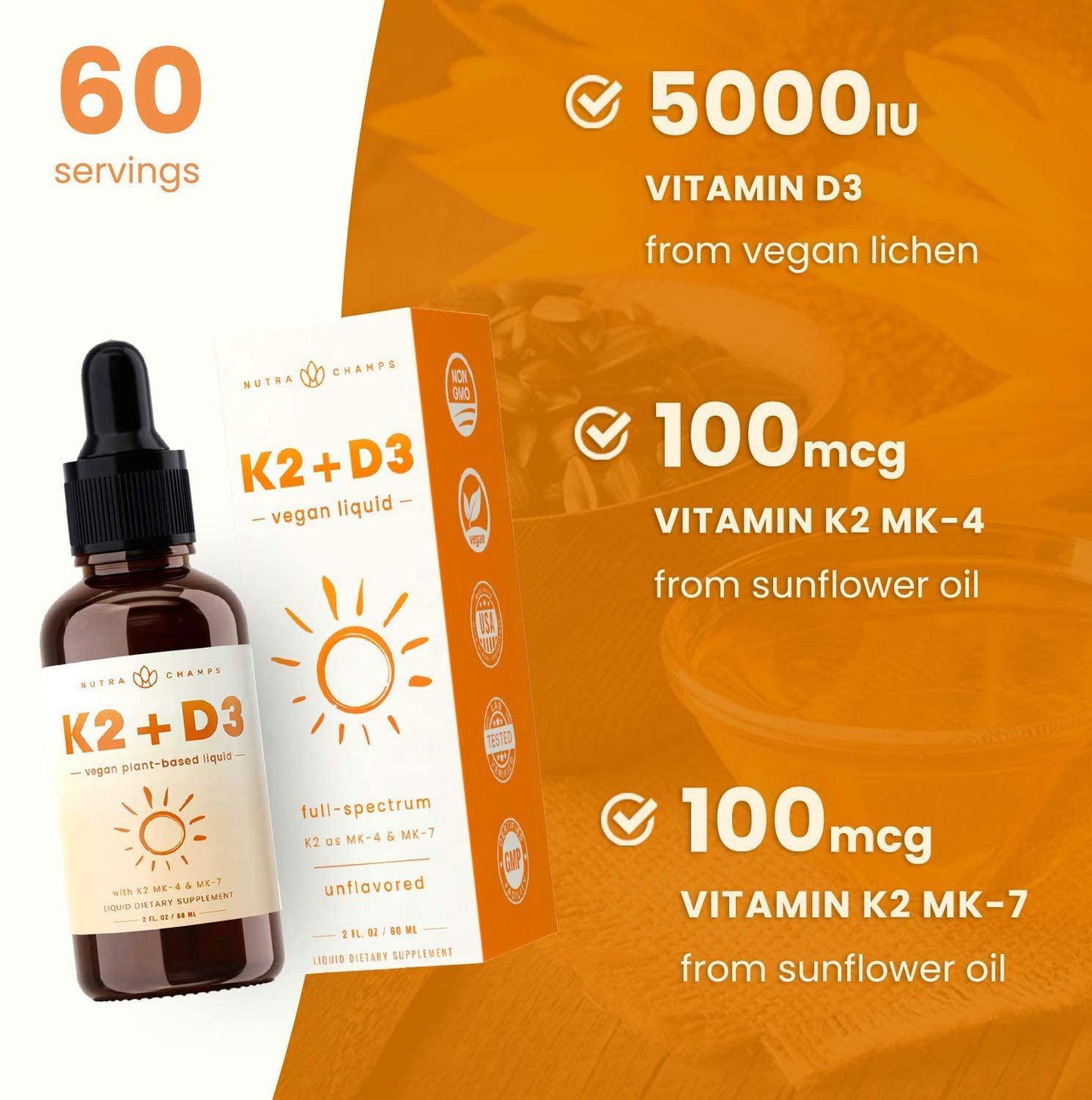 Vitamin K2 D3 Supplement Drops - Healthy Bones, Heart, Mood and Immune System - Premium Vegan D3 5000 IU and K2 MK7 and MK4 100 mcg - 2 oz. Organic Liquid for Better Absorption than Capsules, Pills or Gummies
