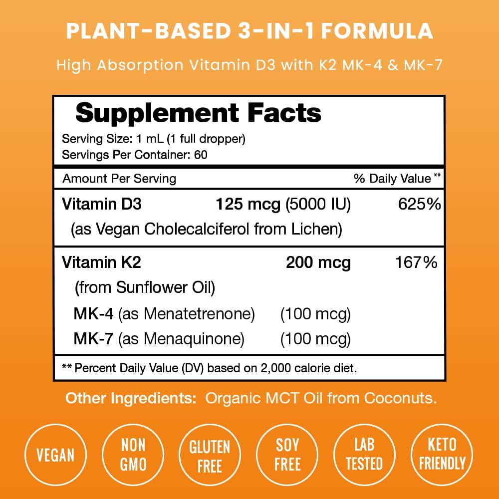 Vitamin K2 D3 Supplement Drops - Healthy Bones, Heart, Mood and Immune System - Premium Vegan D3 5000 IU and K2 MK7 and MK4 100 mcg - 2 oz. Organic Liquid for Better Absorption than Capsules, Pills or Gummies