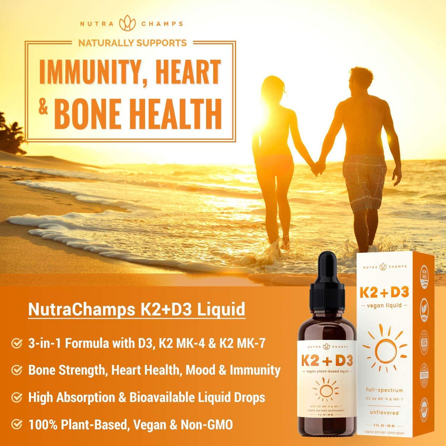 Vitamin K2 D3 Supplement Drops - Healthy Bones, Heart, Mood and Immune System - Premium Vegan D3 5000 IU and K2 MK7 and MK4 100 mcg - 2 oz. Organic Liquid for Better Absorption than Capsules, Pills or Gummies